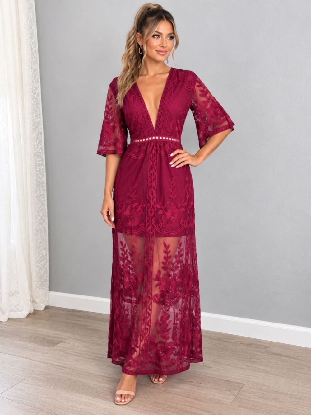 E Leter Burgundy Embroidered Boho Lace Maxi Romper Sheer Overlay Size Large